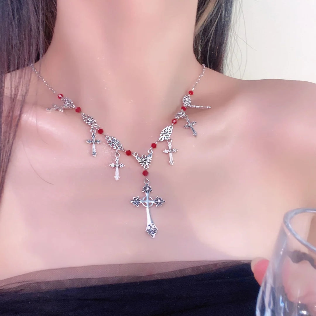 Nowoczesny styl Szkarłatnych Koralików Naszyjnik z Krzyżem Boskiej Wiary  (1)