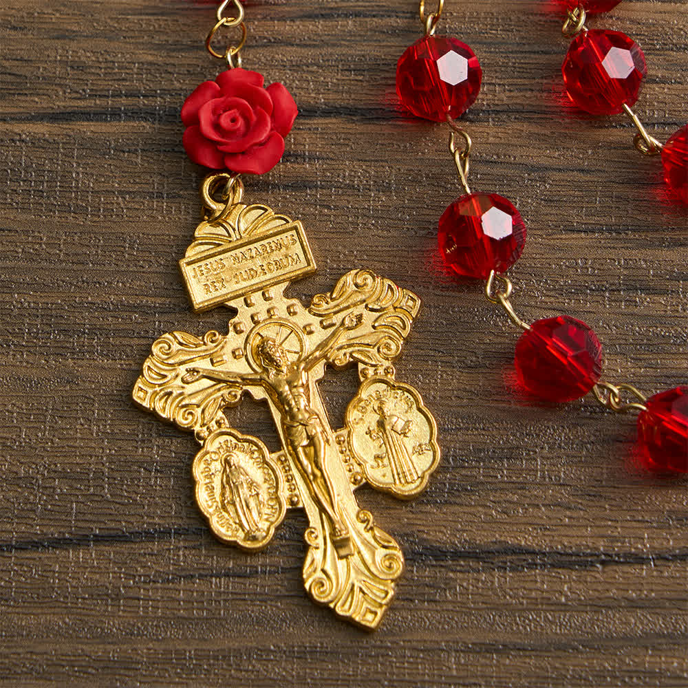 Różaniec Matki Boskiej z czerwonego szkła Crimson Rose & Red: Święta elegancja w stylu vintage